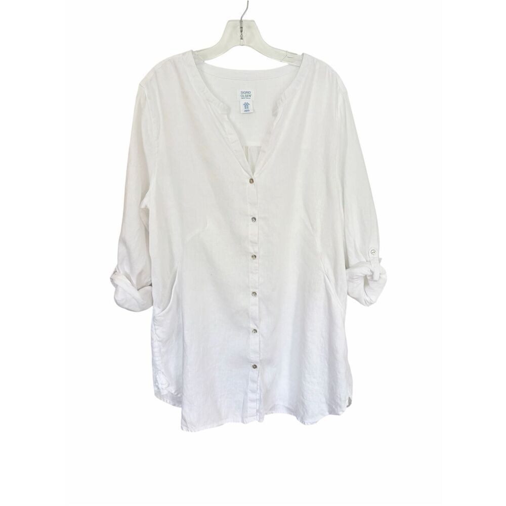 Sigrid Olsen White 100% Linen Women Button-Up Tunic Sz Xl